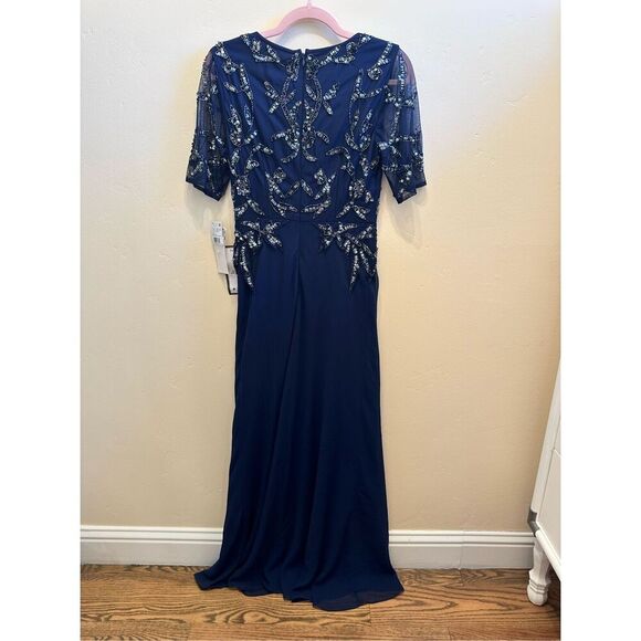 Adrianna Papell Studio Navy Blue Long Beaded Chiffon Dress Size 4 New - Picture 7 of 7